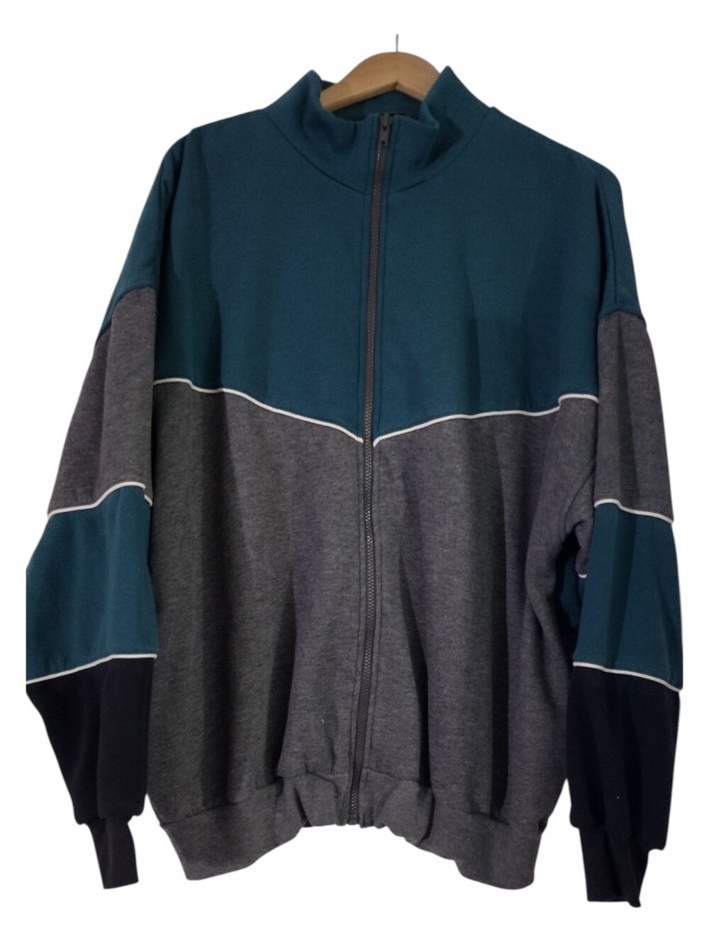 Vintage Men's Full-Zip Colorblock Sweater Jacket - Teal & Gray